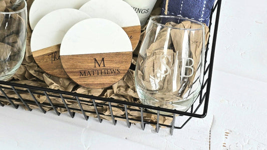 Custom Gift Basket Marble Board + Wine Glasses