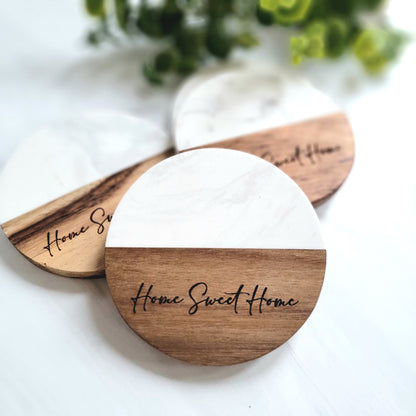 Acacia Wood + Marble Round Coasters