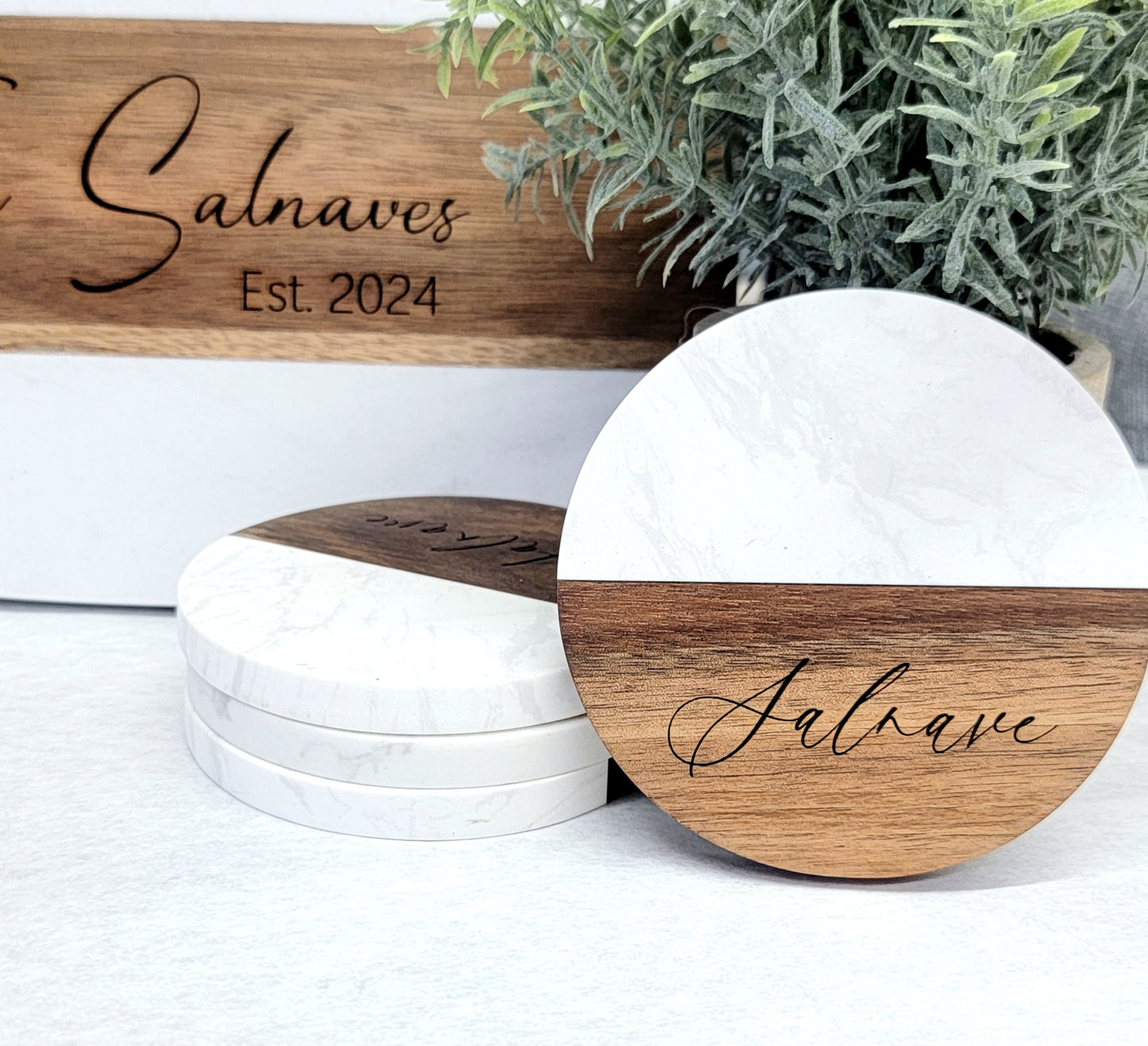 Acacia Wood + Marble Round Coasters