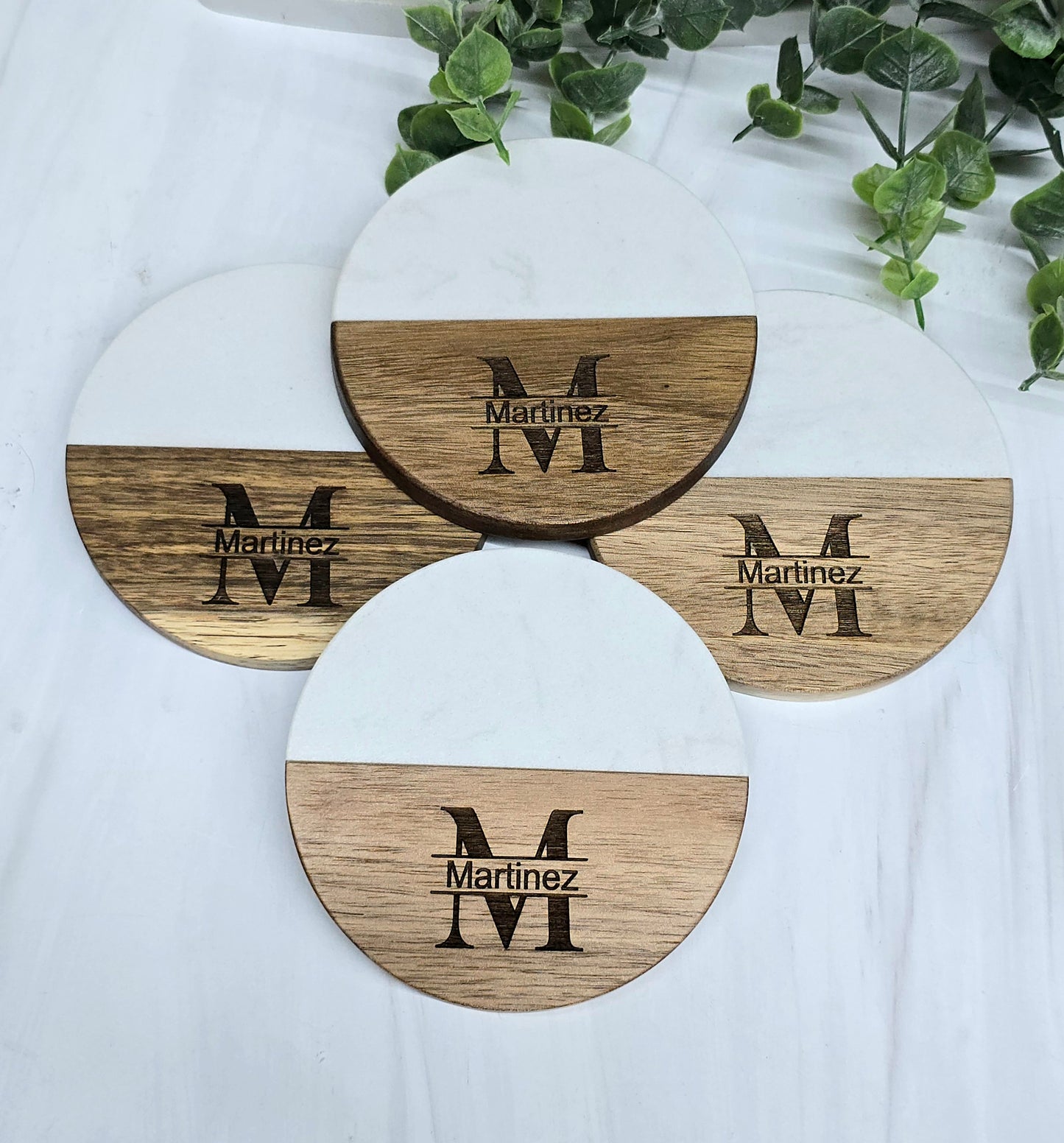 Acacia Wood + Marble Round Coasters