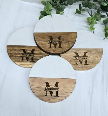 Acacia Wood + Marble Round Coasters