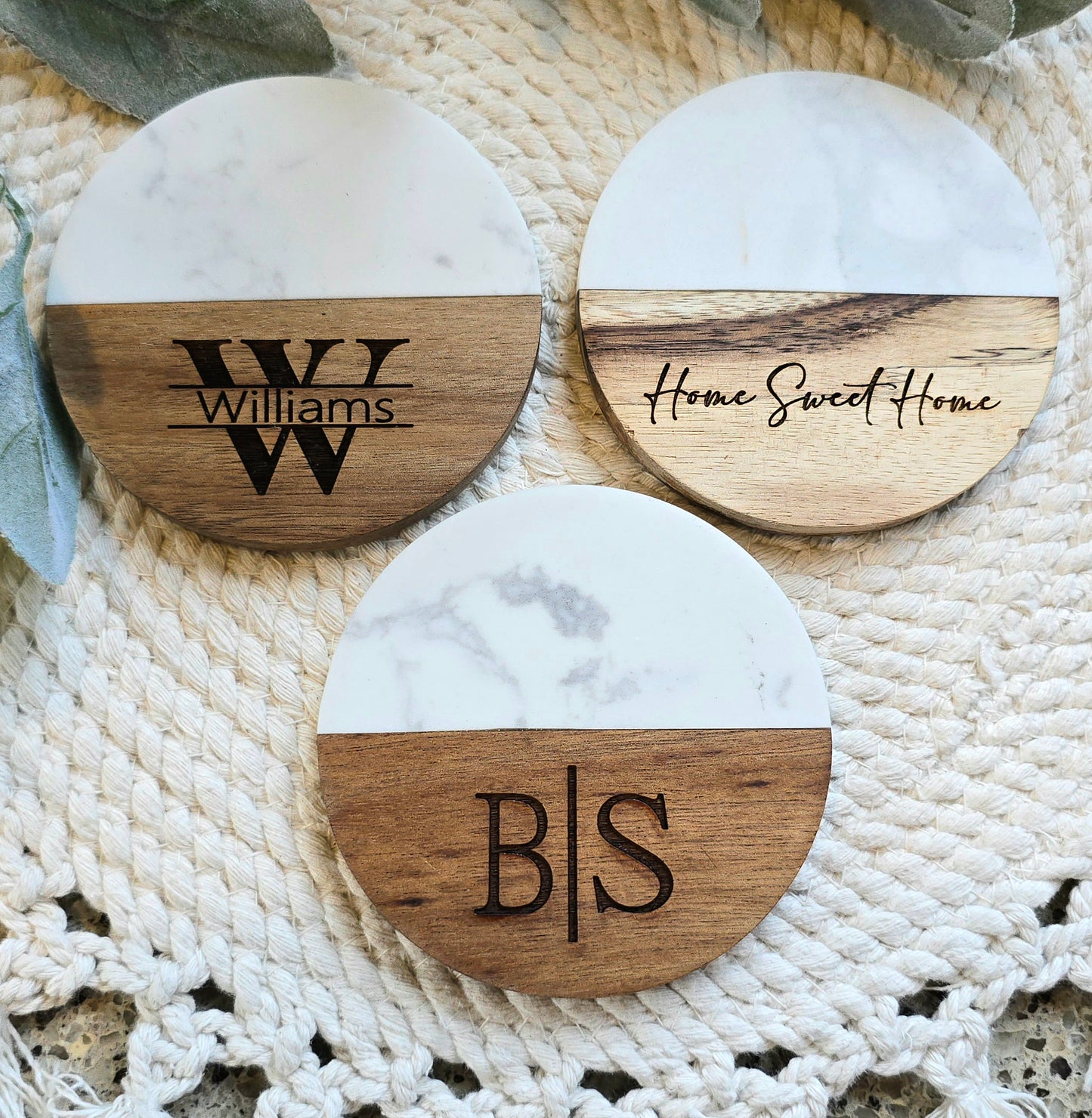 Acacia Wood + Marble Round Coasters