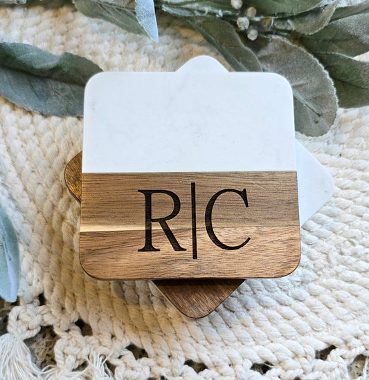 Marble + Acacia Square Coaster Set