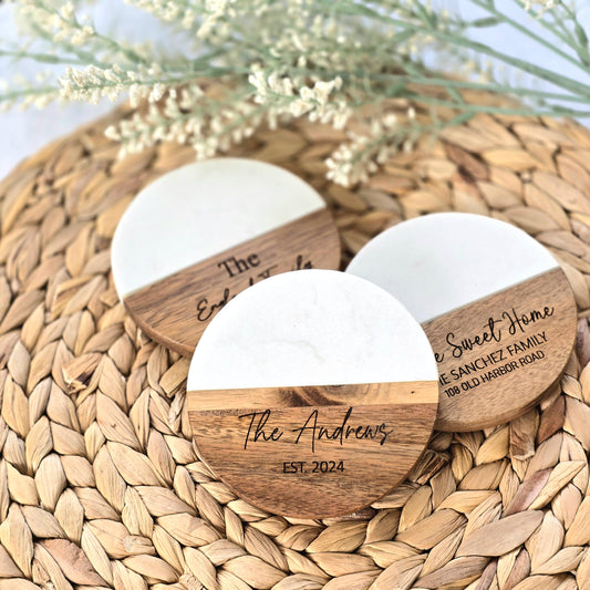 Marble + Acacia Coaster Set