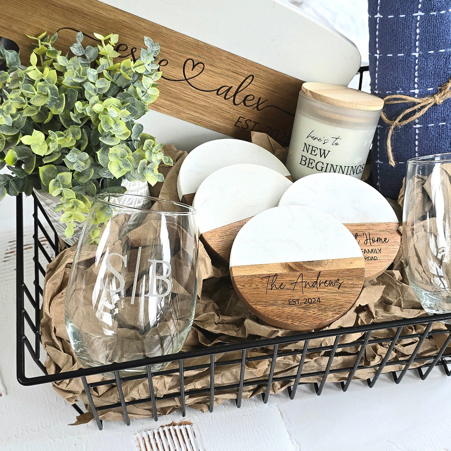 Custom Gift Basket Marble Board Wine Glasses #1