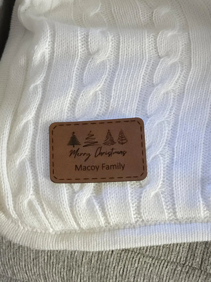 Personalized Cable Knit Throw Blanket – Engraved Leather Patch