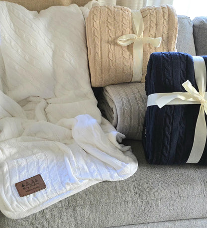 Personalized Cable Knit Throw Blanket – Engraved Leather Patch