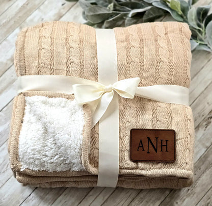 Personalized Cable Knit Throw Blanket – Engraved Leather Patch