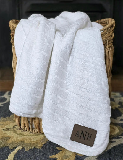 Personalized Cable Knit Throw Blanket – Engraved Leather Patch