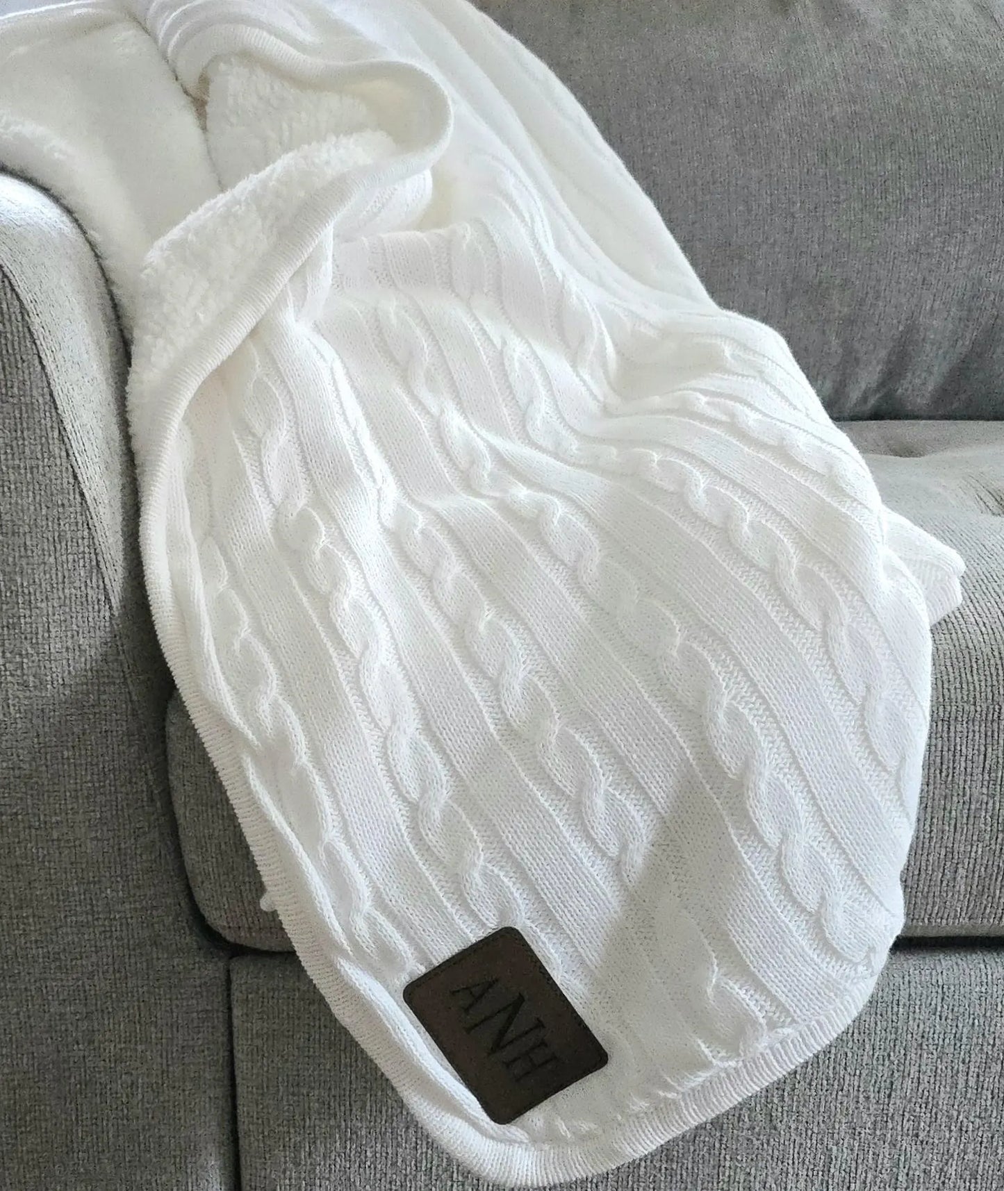 Personalized Cable Knit Throw Blanket – Engraved Leather Patch