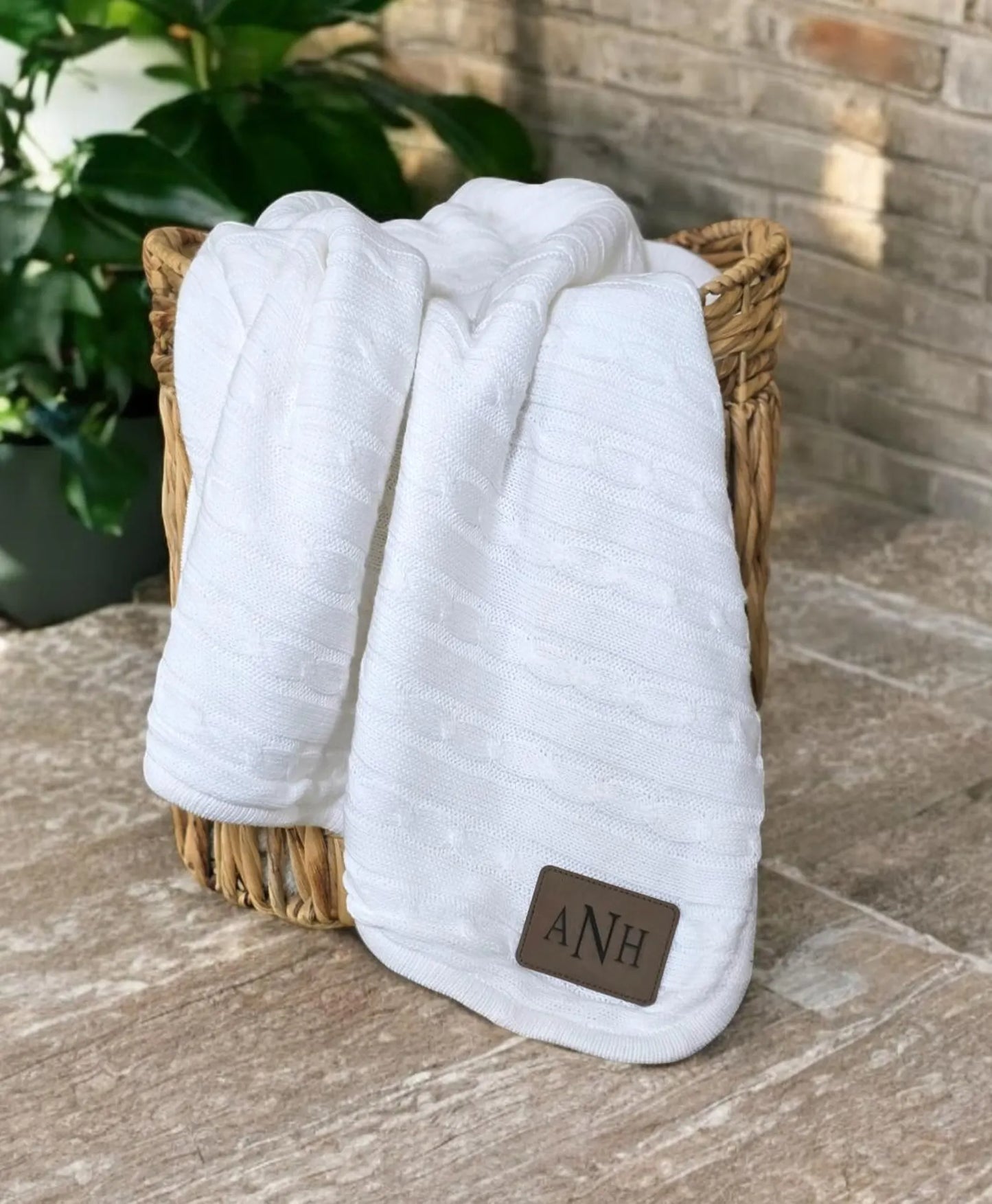 Personalized Cable Knit Throw Blanket – Engraved Leather Patch