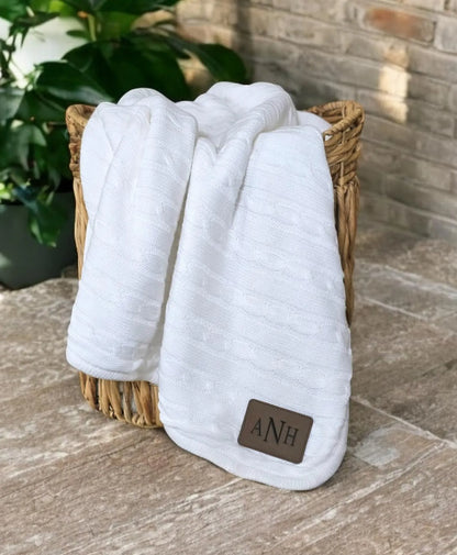 Personalized Cable Knit Throw Blanket – Engraved Leather Patch