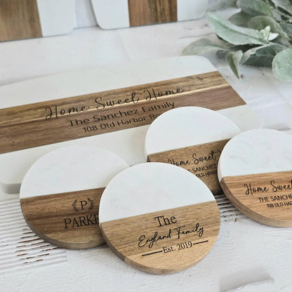 Personalized Marble & Acacia Cutting Board – With Engraved Coaster Set