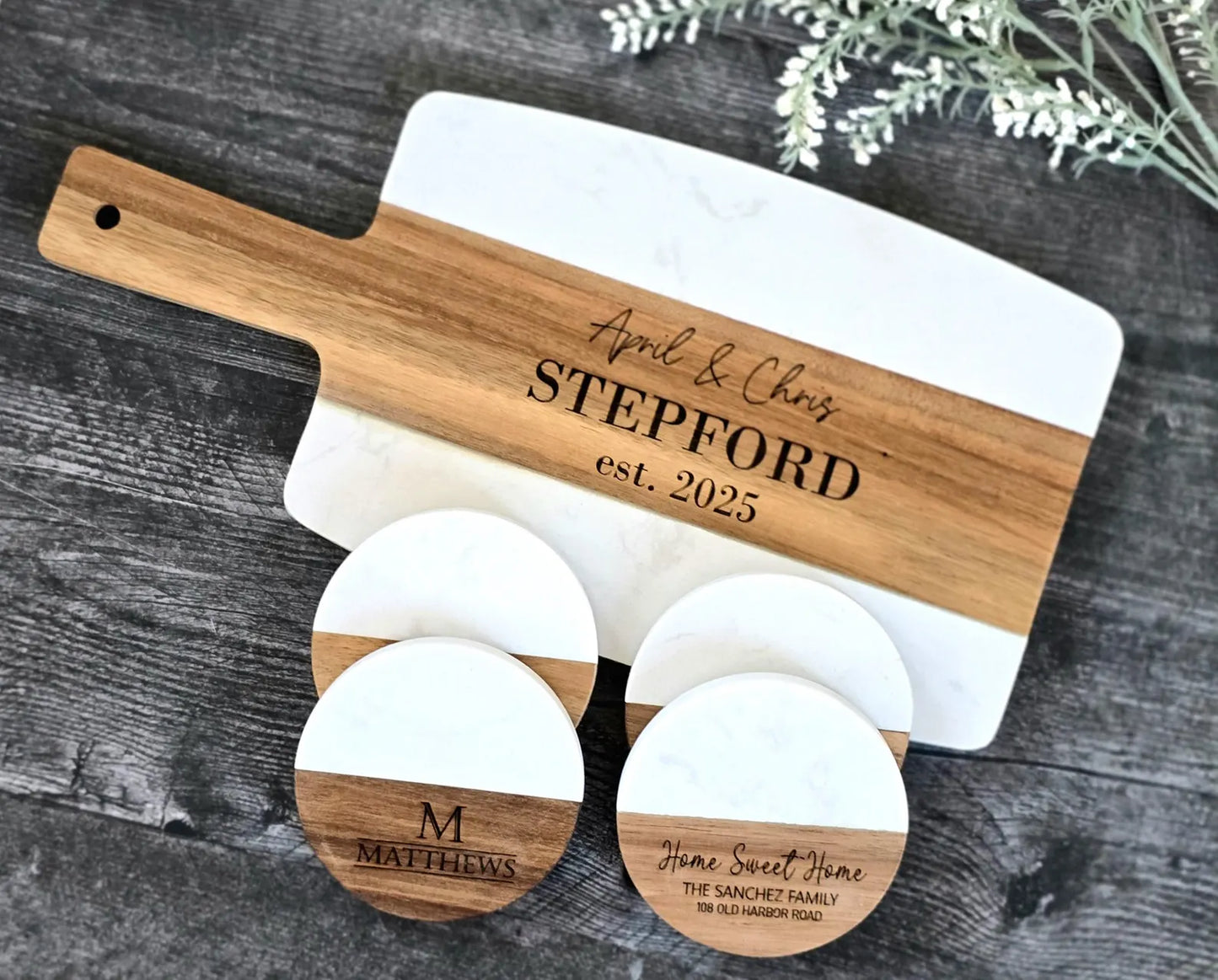 Personalized Marble & Acacia Cutting Board – With Engraved Coaster Set