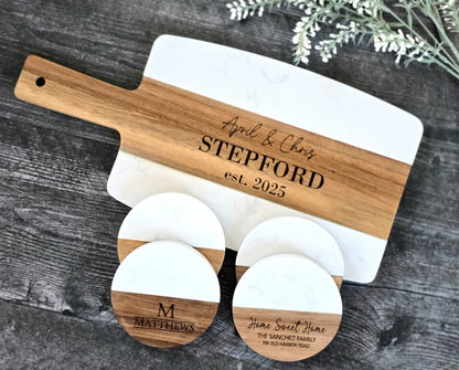 Personalized Marble & Acacia Cutting Board – With Engraved Coaster Set