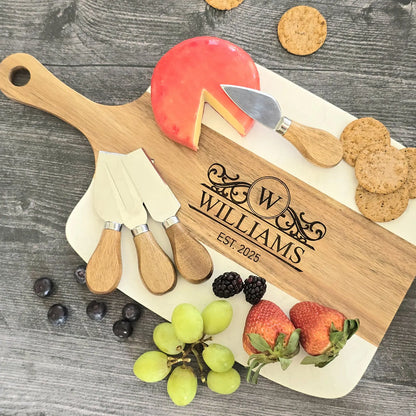 Personalized Marble & Acacia Serving Board – With Cheese Utensils