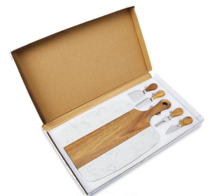 Personalized Marble & Acacia Serving Board – With Cheese Utensils