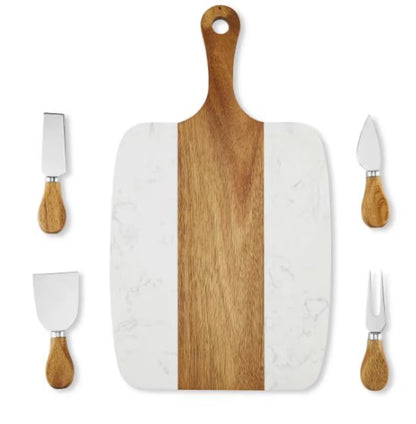 Personalized Marble & Acacia Serving Board – With Cheese Utensils