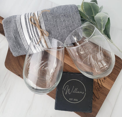 Custom Gift Basket Walnut Board + Glasses