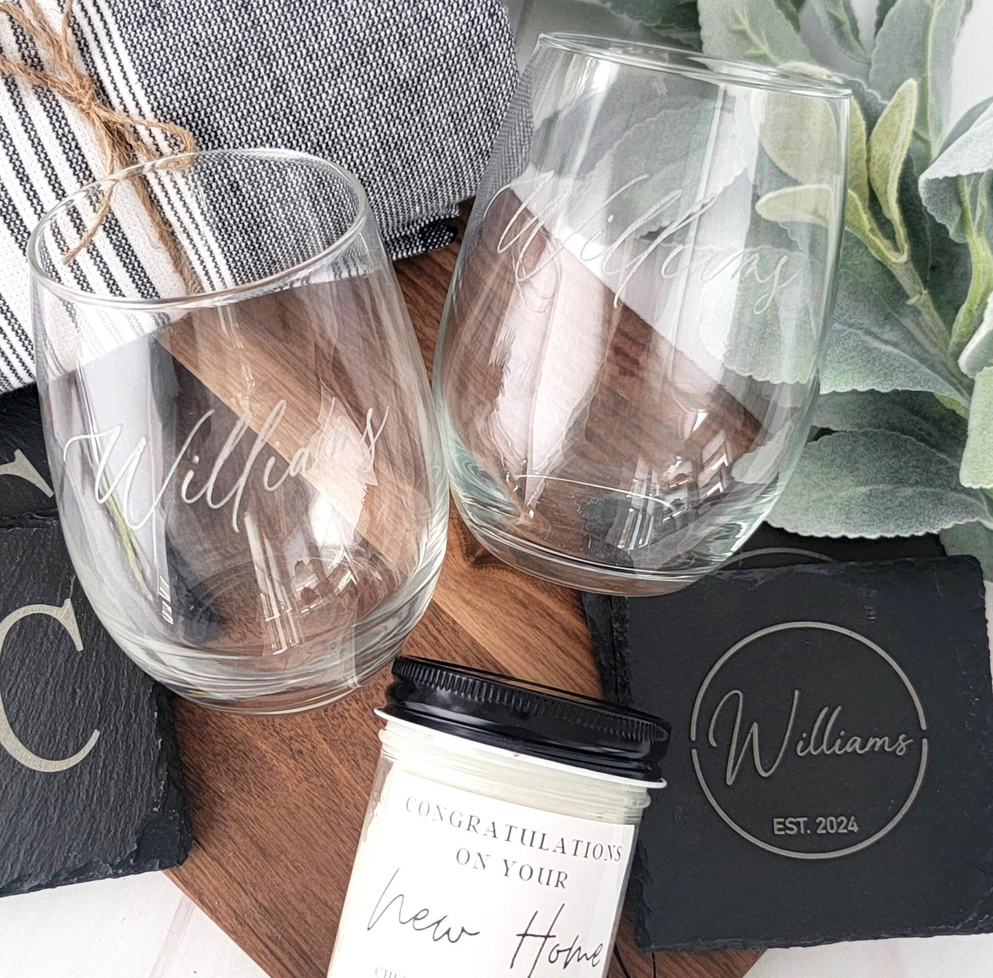 Custom Gift Basket Walnut Board + Glasses