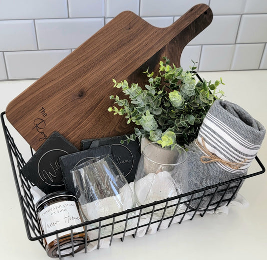 Custom Gift Basket Walnut Board + Glasses